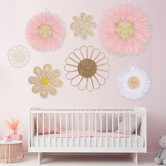 Chunful 7 Pcs Boho Wall Basket Decor Rattan Flower Wall Decor Nursery Daisy Flower Woven Macrame Hanging Flowers for Baby Kids Girls Farmhouse Bedrooms Living Rooms Kitchen Home(Pink)