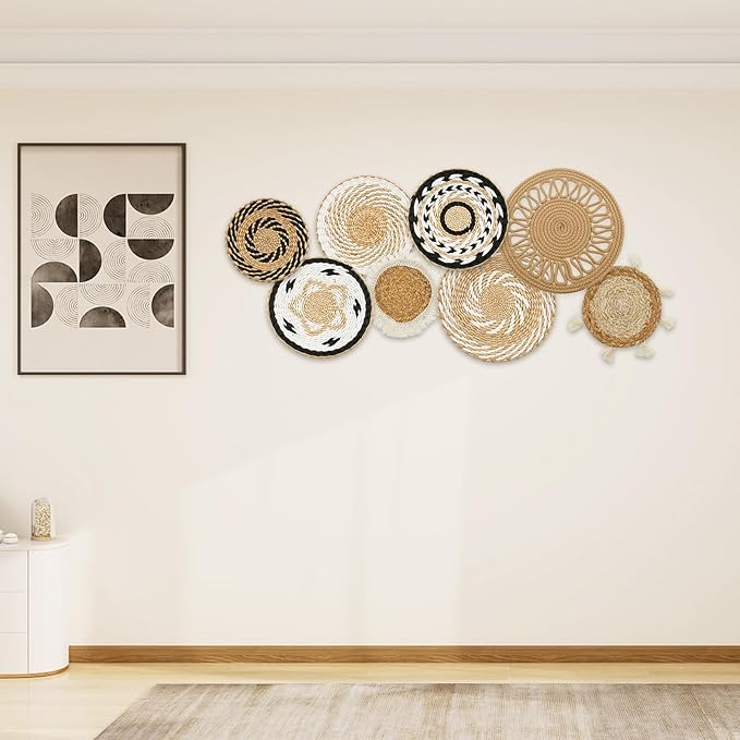 HJJWNDDNG 8 Pack Boho Wall Basket Decor Set, Hanging Woven Seagrass Rattan Wicker Boho Wall Decor, Round Farmhouse Wall Hanging Baskets Rustic Flat Wall Art for Living Room Bedroom Kitchen (Style 8)