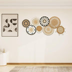 HJJWNDDNG 8 Pack Boho Wall Basket Decor Set, Hanging Woven Seagrass Rattan Wicker Boho Wall Decor, Round Farmhouse Wall Hanging Baskets Rustic Flat Wall Art for Living Room Bedroom Kitchen (Style 8)
