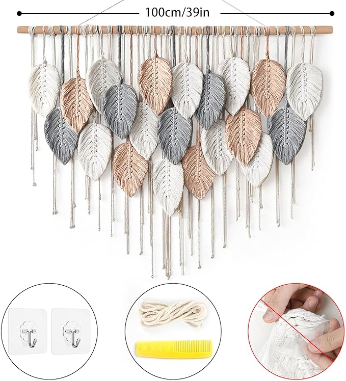 Alynsehom Large Macrame Wall Hanging, Boho Woven Tapestry, Chic Modern Bohemian Handmade Leaf Feather Wall Art Home Decor for Apartment Dorm Living Room Bedroom Nursery Backdrop (39" W X 29.5" L)