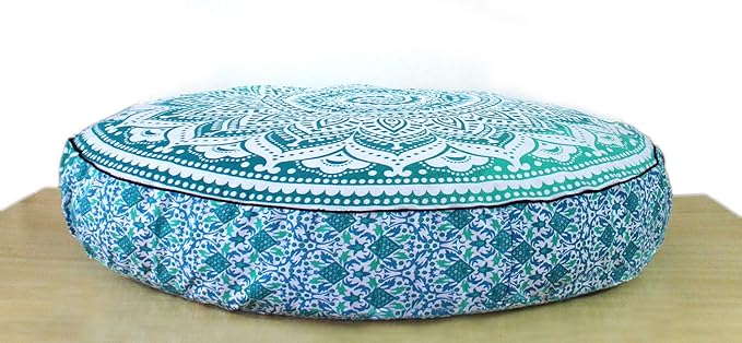CRAFT KALA Mandala Floor Pillow Cushion Cover Seating Throw Cover Hippie Decorative Bohemian Ottoman Poufs Pom Pom Pillow Cases Boho Indian Cotton Living Room Yoga Home Décor (35" Round, Green Ombre)