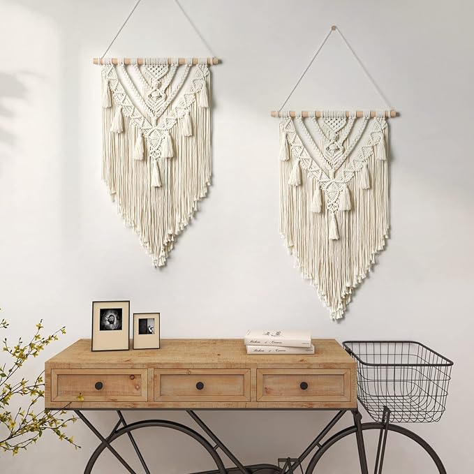 Dremisland Macrame Woven Wall Hanging Boho Geometric Woven Tapestry Beige & Grey Cotton Handmade Bohemian Art Decor with Tassel Craft Ornament for Bedroom Living Room Apartment Nursery (Beige-)