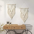 Dremisland Macrame Woven Wall Hanging Boho Geometric Woven Tapestry Beige & Grey Cotton Handmade Bohemian Art Decor with Tassel Craft Ornament for Bedroom Living Room Apartment Nursery (Beige-)