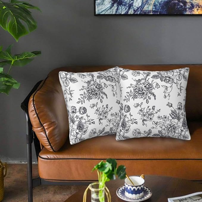 Dark Grey and White Floral Throw Pillow Covers 18x18 Set of 2, Vintage Flower Rustic Farmhouse Pillow Covers Outdoor Decorative Pillow Case for Couch Bed Sofa Cushion Home Decor