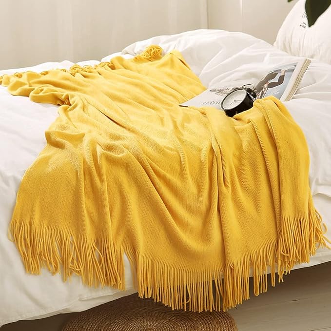 Homiest Decorative Knitted Throw Blanket with Fringe, Lightweight Acrylic Knit, Soft & Cozy Tassel Blanket for Couch, Sofa, Bed (Yellow, 60 x 80 Inch)
