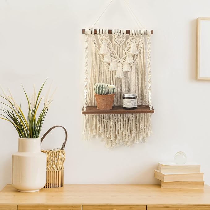 ANROYE Single Tier Macrame Boho Wall Hanging Shelf, Handmade Bohemian Wooden Woven Plants Floating Shelves Decor, Mini Chic Organizer for Bathroom Bedroom Western Home Nursery Storage Gift