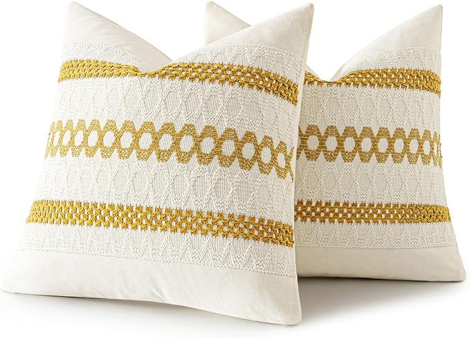 MIULEE Set of 2 Mustard Yellow Boho Decorative Pillow Covers 16x16 Inch Farmhouse Rustic Couch Throw Pillows Modern Cotton Cushion Covers Retro Cute Macrame Woven Spring Home Decor for Bed Sofa Chair