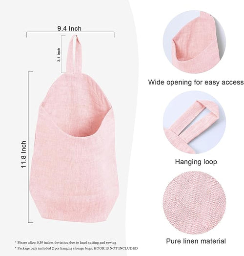 100% Linen Hanging Storage Bags Baskets 2 Pcs, Small Wall Storage Bag for Kitchen, Bedroom, RV Camper Organizer, Sewing Room, Nursery Storage, Kids Room (Pink)