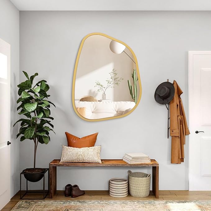 Large Asymmetrical Wall Mirror Irregular Wood Frame Modern Unique Wall-Mounted Artistic Wavy Mirror Decor Bathroom Vanity Bedroom Living Room Entryway Hallway 26"x18"