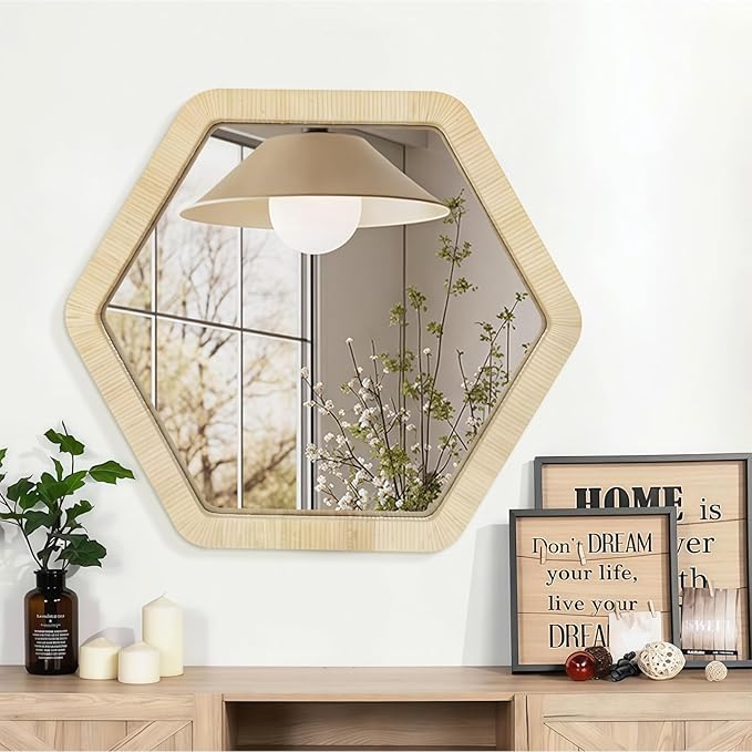 ULIKE Rattan Wicker Mirror for Wall, Boho Woven Bathroom 24 Inch Rustic Farmhouse Wall Decor with Handmade Rattan Frame, Boho Mirror for Nursery Bedroom Living Room Entryway