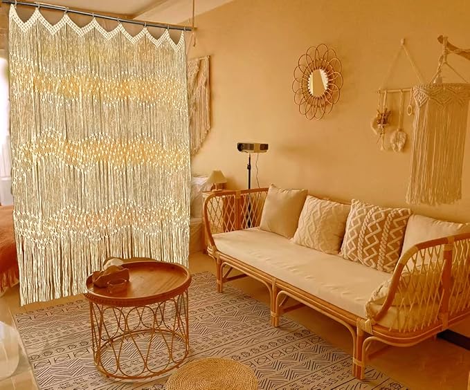 kiido Macrame Curtain Window Treatment【50" W x 71" H】 Bohemian Room Divider Doorway Curtain Boho Macrame Wall Hanging Living Home Decor Room Bedroom Decoration-Stars River (50" W x 71" H x1pcs)