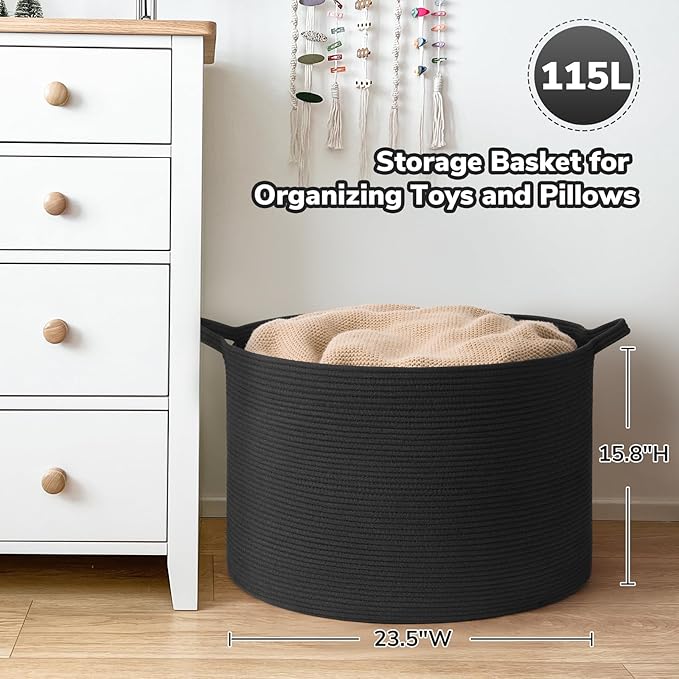 Goodpick Large Storage Basket, 23.5'' x 15.8'' Woven Storage Baskets, Cotton Rope Toy Storage for Kids Decorative Laundry for Home, Perfect for Living Room, 115L Black