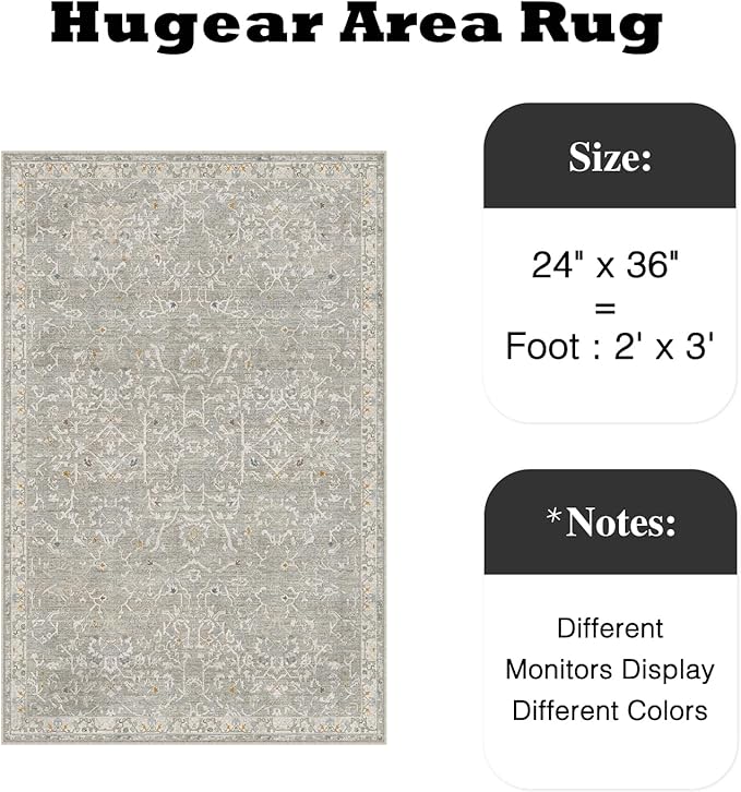 HUGEAR 2x3 Entryway Area Rug Retro Grey Small Rug Machine Washable Door Mat Vintage Floral Low Pile Carpet Vacuumable Distressed Throw Rug Entrance Kitchen Bathroom Bedroom Non Slip Lightweight