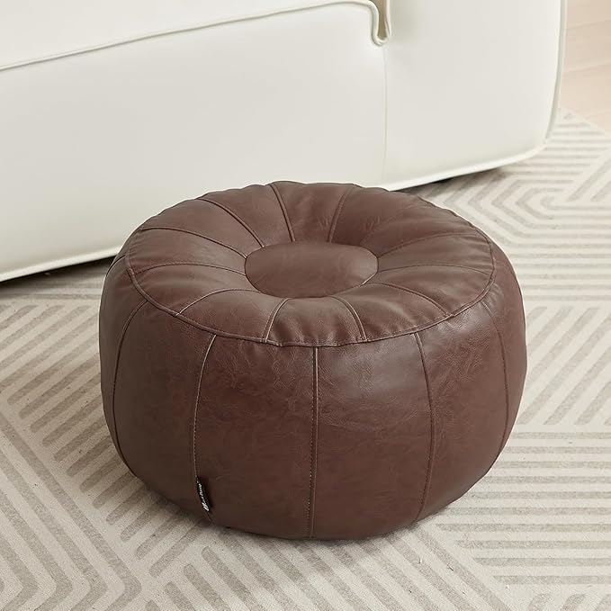 Louis Donné Unstuffed Pouf Stool Ottoman Footrest Cover Only Moroccan Vintage Storage Clothes Waterproof Faux Leather Small Bean Bag Cover Kits Reading Camping Travel pet Friendly (Only Cover)(Brown)