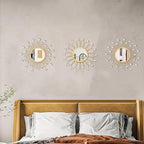 3 Pack Metal Mirrors for Wall Sunburst Wall Mirrors Home Décor Decorative Hanging Wall Art for Living Room Bedroom Entryway (Gold Crystal, Flower+Sunburst)