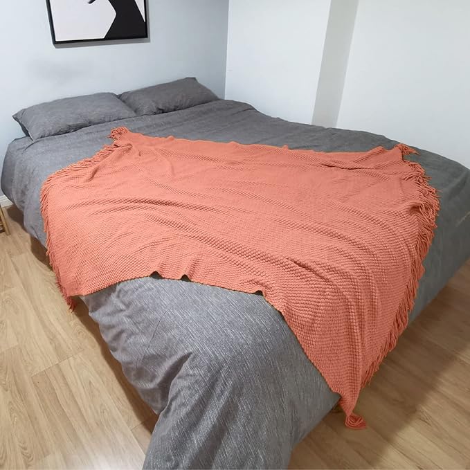 LOMAO Knitted Throw Blanket with Tassels Bubble Textured Lightweight Throws for Couch Cover Home Decor (Coral, 60x80)