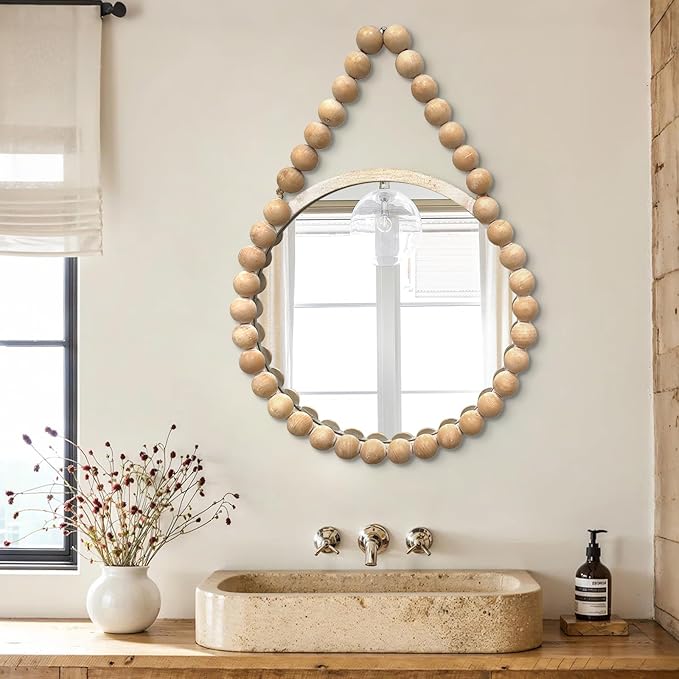 POZINO Wood Beaded Mirror, 20" Boho Round Mirror for Wall, Farmhouse Hanging Rustic Mirrors with Rope, Spherical Frame Circle Mirrors for Bathroom Bedroom Living Room Hallway Fireplace
