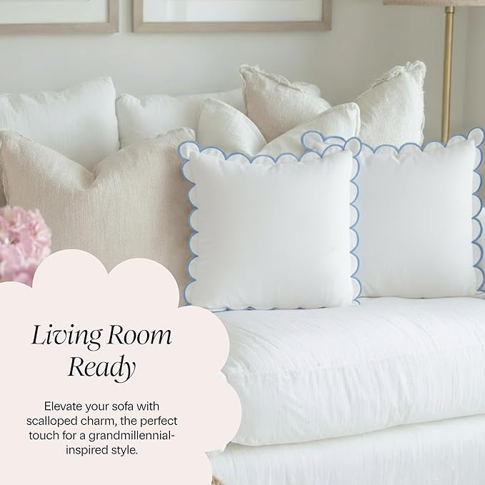 BEBE BASK Scalloped Pillow Cover - Set of 2-18 x 18 Inch - Scallop Pillow Cover – White and Blue Scalloped Pillows - Scallop Pillows - 100% Cotton - Grandmillennial Style (White/Blue)