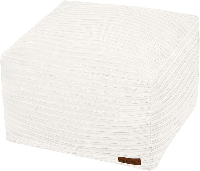 MeMoreCool Square Stuffed Pouf Ottoman Foot Rest, Stripe Furry Floor Pouf Foot Stool with Foam Chunk Filling, Soft Fluffy Stuffed Ottoman Footrest for Living Room, Corduroy Beige