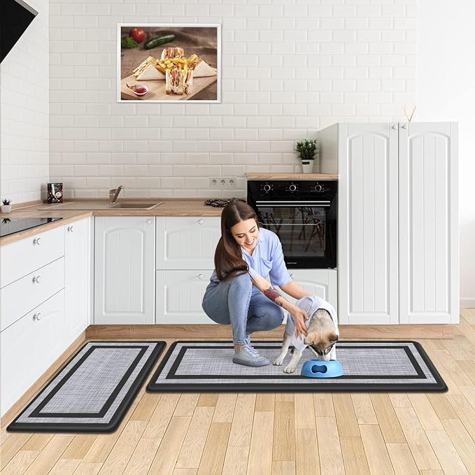 Mattitude Kitchen Mats Set of 2,Cushioned Anti-Fatigue Non-Skid Rug Sets Ergonomic Comfort Standing Mat for Kitchen, Floor, Office, Sink, Laundry, Black and Gray