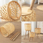 3 Pieces Rattan Woven Indoor Plant Stand, Boho Plant Stand,Woven Plant Pot on Wooden Standing Legs,Indoor/Outdoor Plant Stand for Living Room Balcony Decor