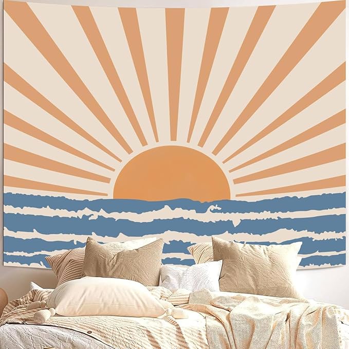 Atrippy Boho Hippie Sun Wall Tapestry for Bedroom Aesthetic, Bohemian Retro 70s Tapestries Hanging, Vintage Indian Sunset Sea Wave Art Poster for Living Room Dorm Decor (51" X 60")