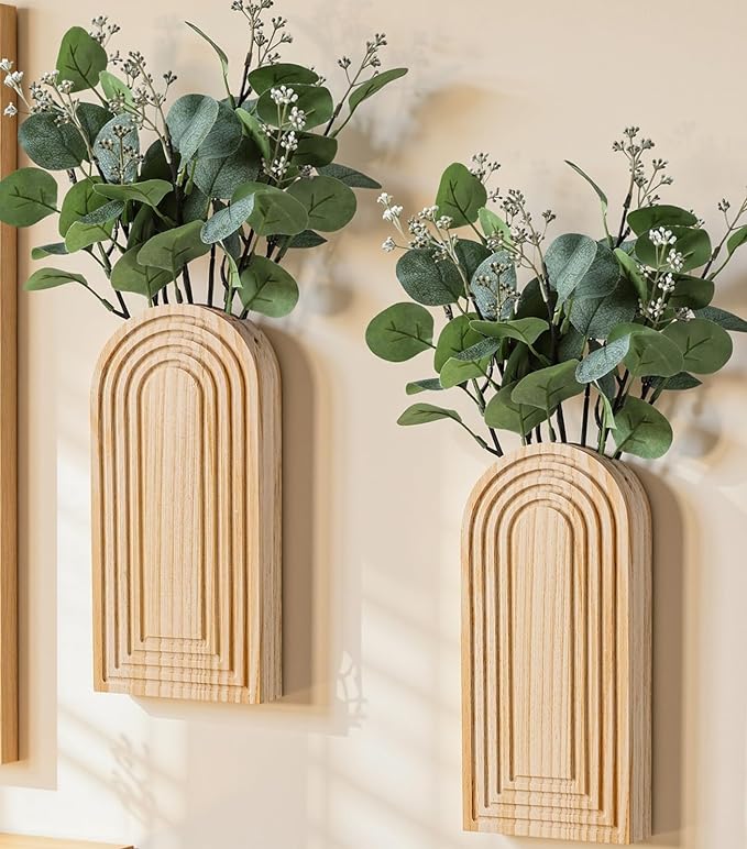 DREAMLOOM 2 Pack Wooden Wall Vases with Fake Plants, Wall Hanging Planters Boho Modern Farmhouse Indoor for Narrow Spaces Entryway Bathroom Home Office Decoration, Retro