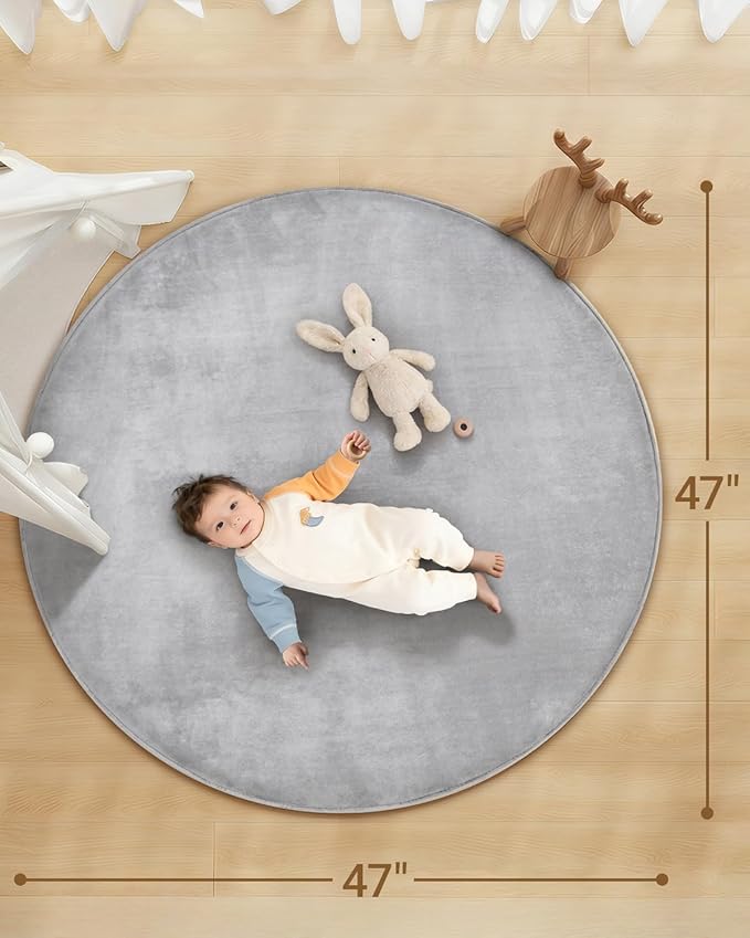 Thick Round Baby Play Mat for Floor,47 Inch Playpen Mat Foam Mats,Soft Support & Plush Feel Play Tent Mats for Infant,Kids,and Toddler Crawling,Non-Slip Back for Kids Indoor Playhouses(Light Grey)