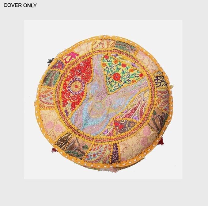 GANESHAM KLAVATE Indian Hippie Vintage Cotton Floor Pillow & Cushion Patchwork Bean Bag Chair Cover Boho Bohemian Hand Embroidered Handmade Pouf Ottoman (Yellow, 13" H x 22" Diam.(inch))