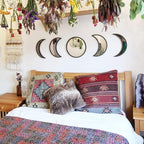 5 Pieces Scandinavian Natural Decor Acrylic Wall Decorative Interior Design Wooden Moon Phase Mirror Bohemian Wall Decoration for Home Living Room Bedroom - Not Real Mirror(Black)