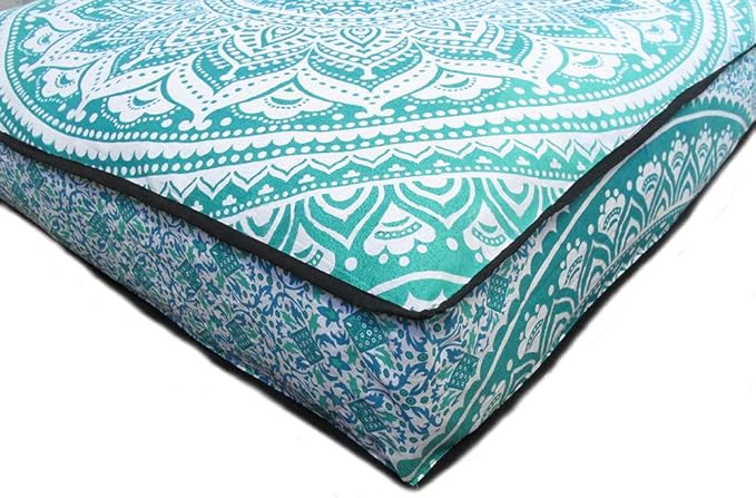 INDIAN CRAFT CASTLE ICC 24" Green Ombre Mandala Barmeri Large Floor Pillow Cover Cushion Meditation Seating Ottoman Throw Cover Hippie Decorative Zipped Bohemian Pouf Ottoman Pom Pom Cases 24" Square