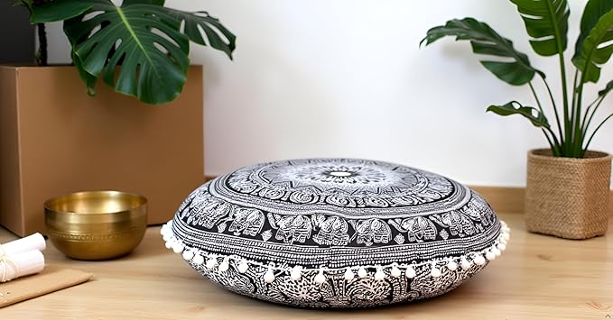 CRAFT KALA Round Mandala Boho Pillow Cover Meditation India Room Seating Poufs Cover for Living Room Yoga Home Décor Bedroom Balcony Garden Decoration Cotton Floor Cushion Cover 32", B & W Elephant