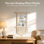 Joyibay Macrame Hanging Photo Display, Boho Wall Decor with Tassel Design, Includes 30 Wood Clips, Picture Card Holder for Room Bedroom Dorm Decoration, Ideal Teenage Christmas Birthday Gifts