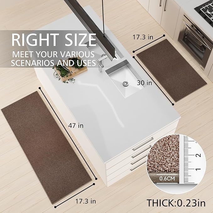 Kitchen Mat Set of 2 PCS, Cushioned Non Slip Rugs for Kitchen Floor, Absorbent Runner Comfort Standing Mats Washable for Kitchen, Office, Home (Brown-Velvet, 17.3"x47"+17.3"x30")