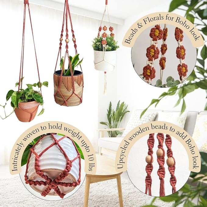 Set of 3 Macrame plant hangers with Daisies & Beads Hanging plant holder Macrame Plant hangers outdoor and indoor hanging planters Plant stand indoor Boho Decor hanging planter stand (Cafe Latte)