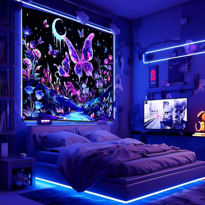 Yuiqear Blacklight Butterfly Tapestry UV Reactive Floral Plant Tapestries Trippy Nature Landscape Wall Tapestries Mysterious Starry Night Sky Tapestry Wall Hanging for Bedroom Decor