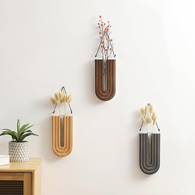 Wood Wall Planter Indoor, Propagation Station, Wooden Hanging Vase for Dried Flowers, Plant Holder, Boho Wall Décor for Living Room Rainbow U Shape (Set of 3)