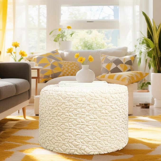 Round Pouf Ottoman 20 x 20 x 14 Inches Boho Poof Home Decor Floor Pouffe Ottoman Foot Rest for Couch Sofa Bean Bag Chairs Living Room Bedroom (Linen)