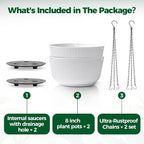 T4U Hanging Planter Self Watering 8 Inch, 2 Pack White Indoor Hanging Plant pots, Hanging Flower Pot with Drainage Hole & Plug & Chain with 3 Hooks for Garden Home Decor