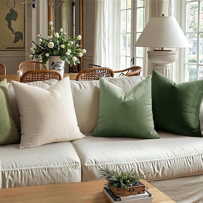 MIULEE Velvet Throw Pillow Covers 20x20 Inch, Pack of 2 - Moss Green, Soft Solid Decorative Pillow Covers Cushion Cases Modern Luxury Home Decor for Spring Couch Sofa Bedroom Livingroom