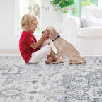 Area Rug 8x10 Washable Area Rugs for Living Room- Ultra Soft Non-Shedding Faux Wool Bedroom Rug Large Grey Vintage Print Rugs with Non Slip Rubber- Indoor Retro Foldable Carpet for Dining Room