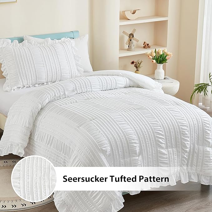 WONGS BEDDING White Comforter Set Twin, 3 Pieces Ruffle Shabby Chic Comforter for Dorm Room Essentials for Twin Bed, Soft Seersucker Bedding Set with 1 Ruffle Comforter, 2 Tufted Pillowcases 86"×68"