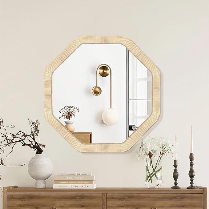 ULIKE Rattan Wicker Mirror for Wall,Boho Woven Bathroom 30 Inch Rustic Farmhouse Wall Decor with Handmade Rattan Frame, Boho Mirror for Nursery Bedroom Living Room Entryway