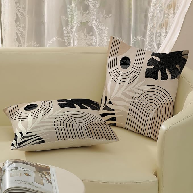 Boho Black Pillow Covers 18x18 Inch Set of 2 Black BeigeTropical Leaf Decor Mid Century Throw Pillows Outdoor Bohemian Modern Decorative Pillowcase Farmhouse Linen Cushion Case for Couch Sofa