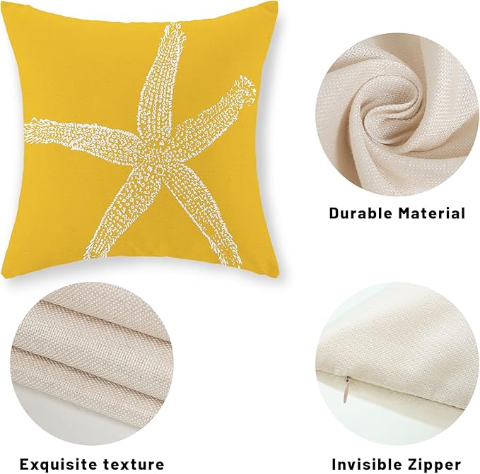 Coastal Pillow Covers 16x16 Set of 2 Yellow Coral Starfish Throw Pillows Nautical Ocean Decorations Summer Linen Beach Pillowcase Outdoor Decor Yellow Farmhouse Cushion Case for Home Bedroom