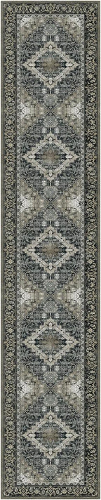 Lessymo Washable Long Runner Rug for Hallway, 2 x 10 Entryway Rugs Boho Faux Wool Low Pile Rug for Kitchen, Floral Medallion Vintage Rugs with Non-Slip Rubber, Black Brown
