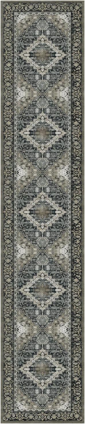 Lessymo Washable Long Runner Rug for Hallway, 2 x 10 Entryway Rugs Boho Faux Wool Low Pile Rug for Kitchen, Floral Medallion Vintage Rugs with Non-Slip Rubber, Black Brown