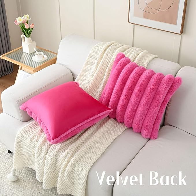 FUTEI Hot Pink Decorative Throw Pillow Covers 22x22 Inch Set of 2, Square Soft Faux Rabbit Fur Thick Striped Cushion Cover,Spring Home Decor for Couch Bed Living Room
