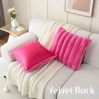 FUTEI Hot Pink Decorative Throw Pillow Covers 18x18 Inch Set of 2, Square Soft Faux Rabbit Fur Thick Striped Cushion Cover,Spring Home Decor for Couch Bed Living Room