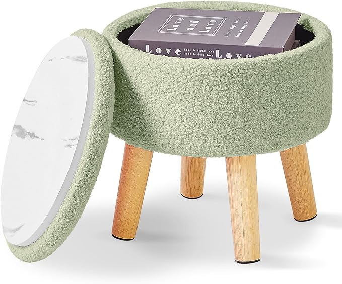 IBUYKE 13 Inch Foot Stool Ottoman with Storage, Round Small Foot Rest with Padded Seat and Wood Legs, Teddy Velvet Mini Footstool for Living Room Couch Bedroom Entryway, Green WBD006GR